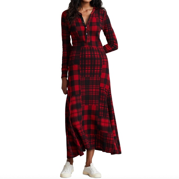 Polo Ralph Lauren Dresses & Skirts - Polo Ralph Lauren Plaid Motif Cotton Henley Dress Red Black